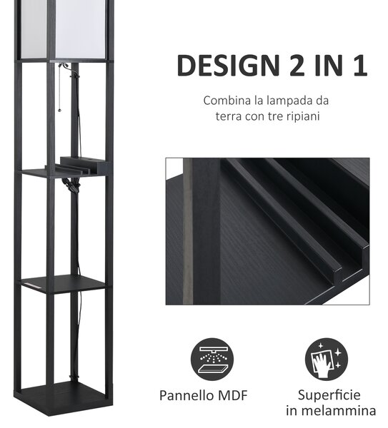 HOMCOM Lampada da terra rettangolare 2 connettori USB con 3 ripiani per conversazione bianco nero 26 x 26 x 160cm|Aosom