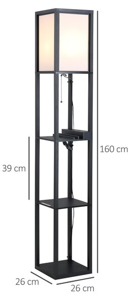 HOMCOM Lampada da terra rettangolare 2 connettori USB con 3 ripiani per conversazione bianco nero 26 x 26 x 160cm|Aosom