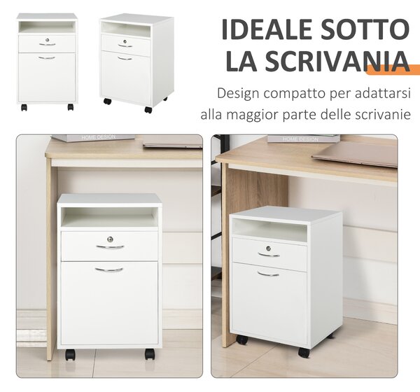 HOMCOM Cassettiera per Ufficio con 2 Chiavi, Cassetto, Armadietto e 4 Ruote Libreria Bassa in Legno Bianco, 40x35x60cm