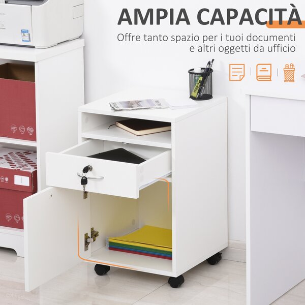 HOMCOM Cassettiera per Ufficio con 2 Chiavi, Cassetto, Armadietto e 4 Ruote Libreria Bassa in Legno Bianco, 40x35x60cm