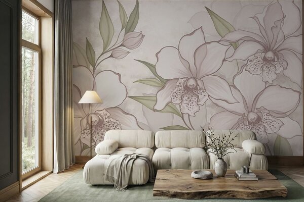 Carta da parati Illustrazione di orchidee pallide con foglie su sfondo beige, Carta da parati Floreale, w05117 : Uwalls.it