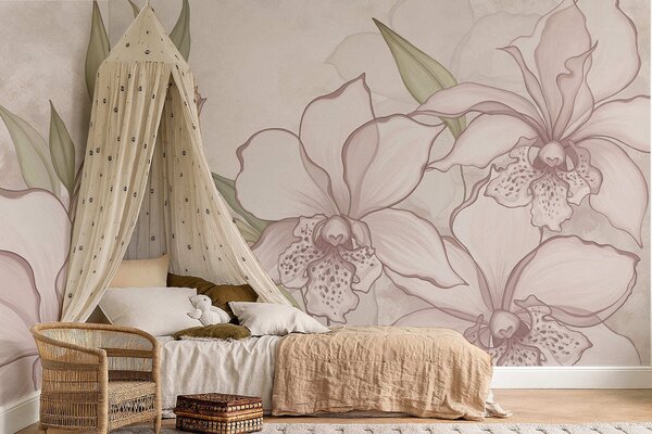 Carta da parati Illustrazione di orchidee pallide con foglie su sfondo beige, Carta da parati Floreale, w05117 : Uwalls.it