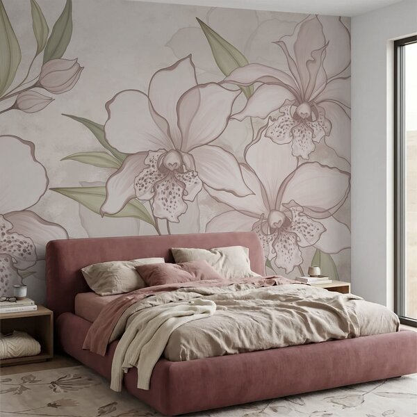 Carta da parati Illustrazione di orchidee pallide con foglie su sfondo beige, Carta da parati Floreale, w05117 : Uwalls.it
