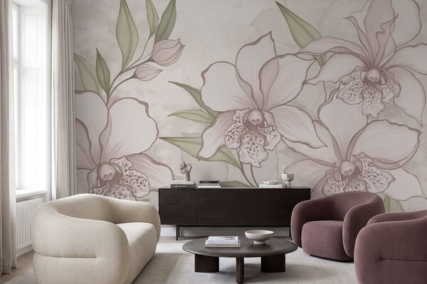 Carta da parati Illustrazione di orchidee pallide con foglie su sfondo beige, Carta da parati Floreale, w05117 : Uwalls.it