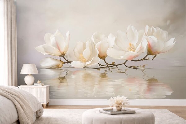 Carta da parati Leggeri fiori di magnolia su un ramo sopra il riflesso dell'acqua, Carta da parati Floreale, w05353 : Uwalls.it