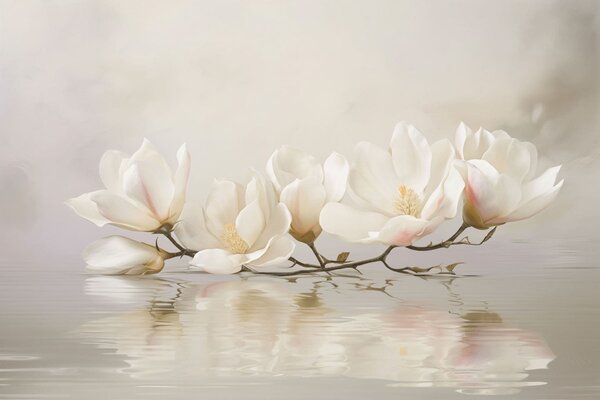 Carta da parati Leggeri fiori di magnolia su un ramo sopra il riflesso dell'acqua, Carta da parati Floreale, w05353 : Uwalls.it