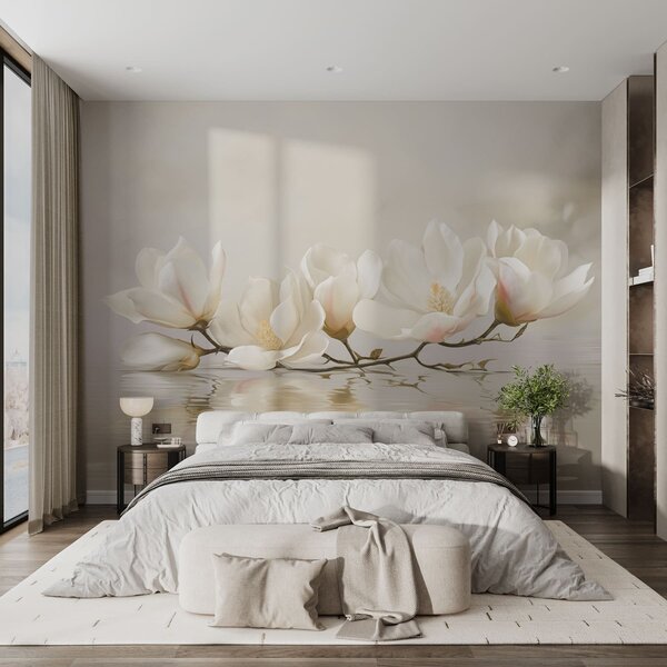 Carta da parati Leggeri fiori di magnolia su un ramo sopra il riflesso dell'acqua, Carta da parati Floreale, w05353 : Uwalls.it