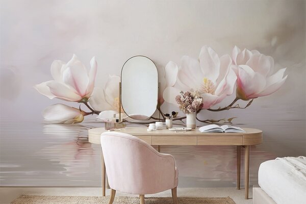 Carta da parati Ramo di magnolia con fiori sopra il riflesso dell'acqua calma, Carta da parati Floreale, w05353v1 : Uwalls.it
