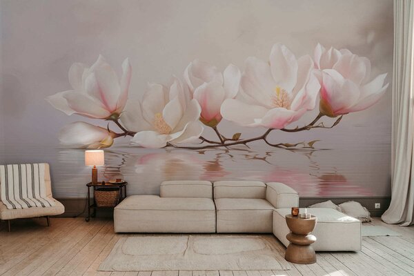Carta da parati Ramo di magnolia con fiori sopra il riflesso dell'acqua calma, Carta da parati Floreale, w05353v1 : Uwalls.it