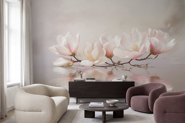 Carta da parati Ramo di magnolia con fiori sopra il riflesso dell'acqua calma, Carta da parati Floreale, w05353v1 : Uwalls.it