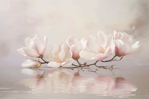 Carta da parati Ramo di magnolia con fiori sopra il riflesso dell'acqua calma, Carta da parati Floreale, w05353v1 : Uwalls.it