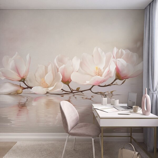 Carta da parati Ramo di magnolia con fiori sopra il riflesso dell'acqua calma, Carta da parati Floreale, w05353v1 : Uwalls.it