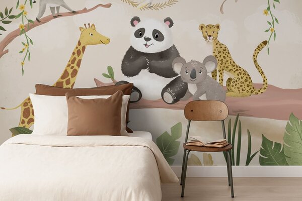 Carta da parati Simpatici animaletti della giungla su un ramo tra le piante, Carta da parati per Bambini, w05393 : Uwalls.it