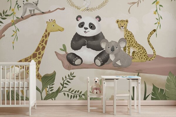 Carta da parati Simpatici animaletti della giungla su un ramo tra le piante, Carta da parati per Bambini, w05393 : Uwalls.it