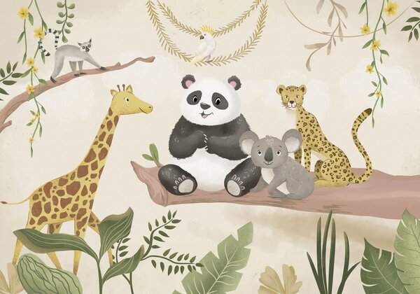Carta da parati Simpatici animaletti della giungla su un ramo tra le piante, Carta da parati per Bambini, w05393 : Uwalls.it