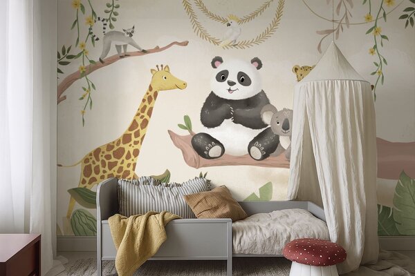 Carta da parati Simpatici animaletti della giungla su un ramo tra le piante, Carta da parati per Bambini, w05393 : Uwalls.it