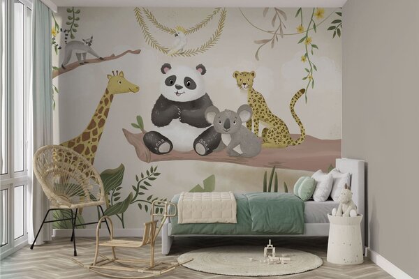 Carta da parati Simpatici animaletti della giungla su un ramo tra le piante, Carta da parati per Bambini, w05393 : Uwalls.it
