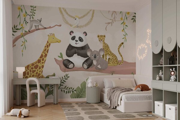 Carta da parati Simpatici animaletti della giungla su un ramo tra le piante, Carta da parati per Bambini, w05393 : Uwalls.it