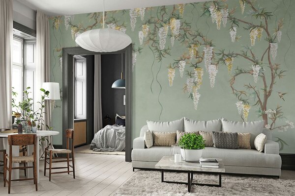 Carta da parati Rami fioriti con fiori bianchi e uccellini su sfondo verde, Carta da parati Stile Orientale, w05394 : Uwalls.it
