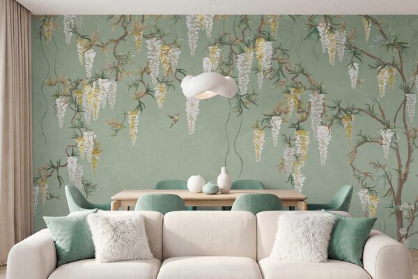 Carta da parati Rami fioriti con fiori bianchi e uccellini su sfondo verde, Carta da parati Stile Orientale, w05394 : Uwalls.it