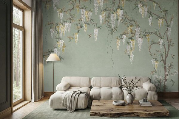 Carta da parati Rami fioriti con fiori bianchi e uccellini su sfondo verde, Carta da parati Stile Orientale, w05394 : Uwalls.it