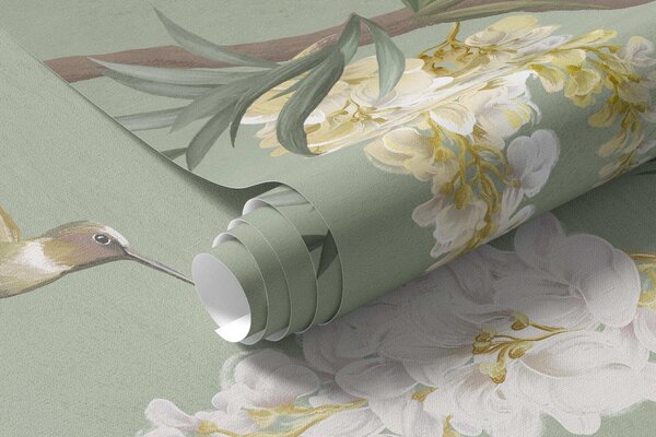 Carta da parati Rami fioriti con fiori bianchi e uccellini su sfondo verde, Carta da parati Stile Orientale, w05394 : Uwalls.it