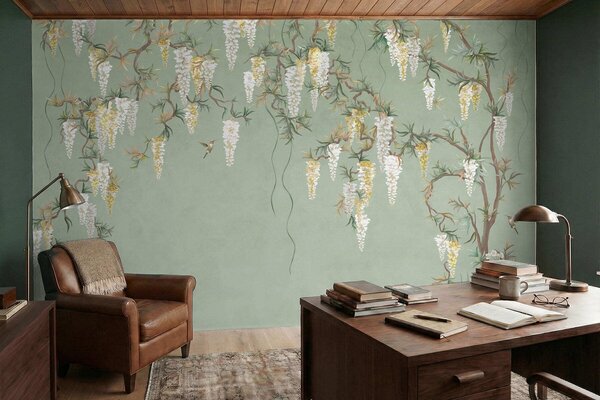 Carta da parati Rami fioriti con fiori bianchi e uccellini su sfondo verde, Carta da parati Stile Orientale, w05394 : Uwalls.it