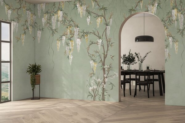 Carta da parati Rami fioriti con fiori bianchi e uccellini su sfondo verde, Carta da parati Stile Orientale, w05394 : Uwalls.it