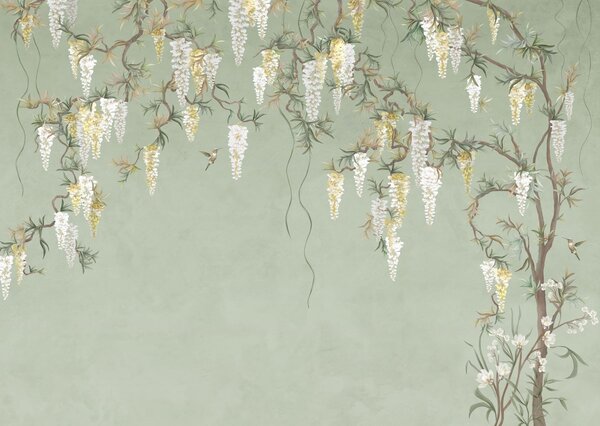 Carta da parati Rami fioriti con fiori bianchi e uccellini su sfondo verde, Carta da parati Stile Orientale, w05394 : Uwalls.it