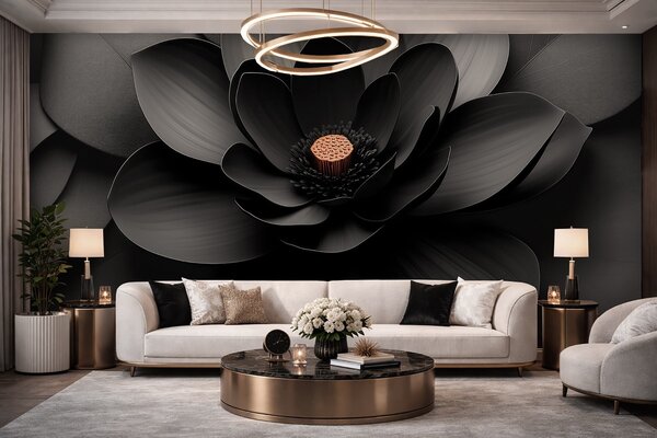 Carta da parati Fiore nero in stile minimalista con petali e un cuore dai toni, Carta da parati 3D, Carta da parati Fiori 3D, w09721 : Uwalls.it