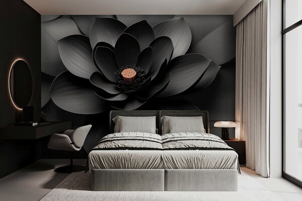 Carta da parati Fiore nero in stile minimalista con petali e un cuore dai toni, Carta da parati 3D, Carta da parati Fiori 3D, w09721 : Uwalls.it