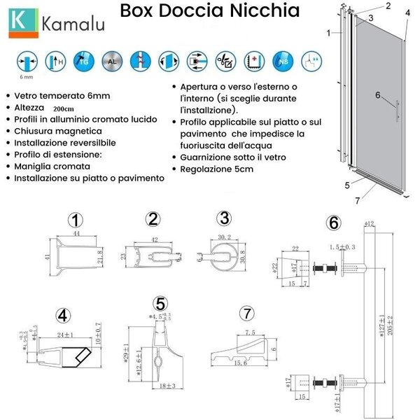 Porta doccia battente 90 cm vetro opaco altezza 200h | KS2800AI - KAMALU