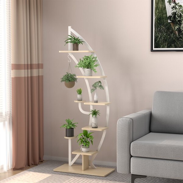 Costway Set di 2 scaffali per piante in metallo a 7 livelli, Scaffali a forma di mezza luna curva con gancio superiore Bianco