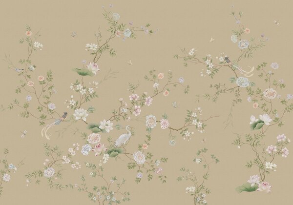 Carta da parati Rami in fiore con uccellini su sfondo beige caldo, Carta da parati Stile Orientale, w05416v2 : Uwalls.it