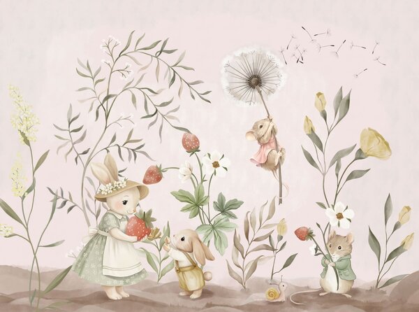 Carta da parati Illustrazione di animali con fragole su uno sfondo rosa tenue, Carta da parati Animali, w05422v1 : Uwalls.it