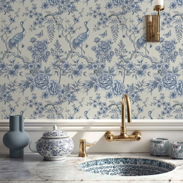 Carta da parati Ornamento floreale blu con uccellino e rami, Parati stile orientale classici, a01132 : Uwalls.it