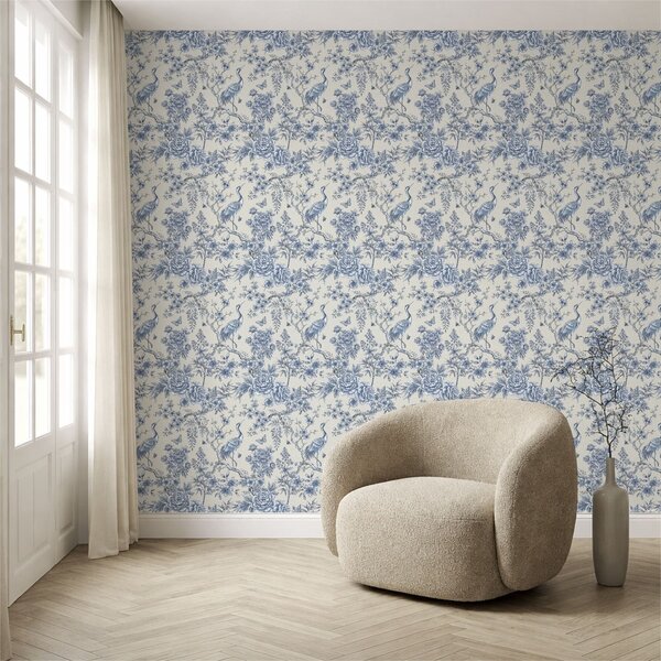 Carta da parati Ornamento floreale blu con uccellino e rami, Parati stile orientale classici, a01132 : Uwalls.it