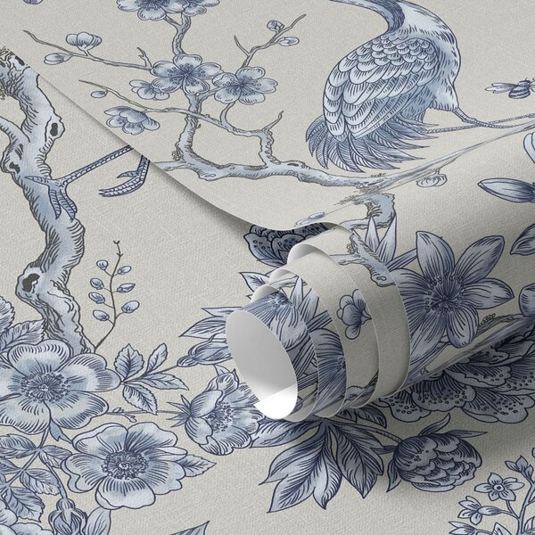 Carta da parati Ornamento floreale blu con uccellino e rami, Parati stile orientale classici, a01132 : Uwalls.it
