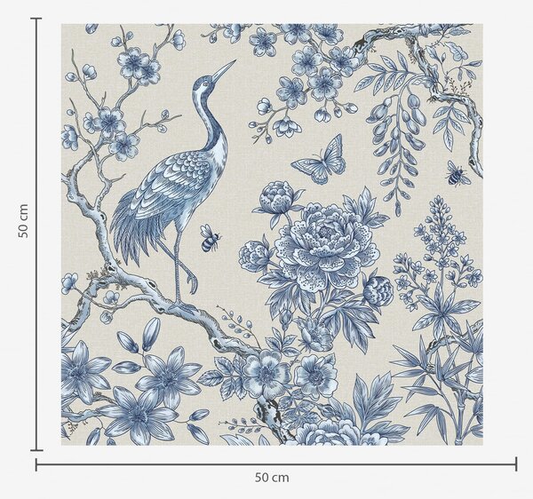 Carta da parati Ornamento floreale blu con uccellino e rami, Parati stile orientale classici, a01132 : Uwalls.it