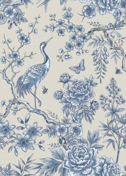 Carta da parati Ornamento floreale blu con uccellino e rami, Parati stile orientale classici, a01132 : Uwalls.it