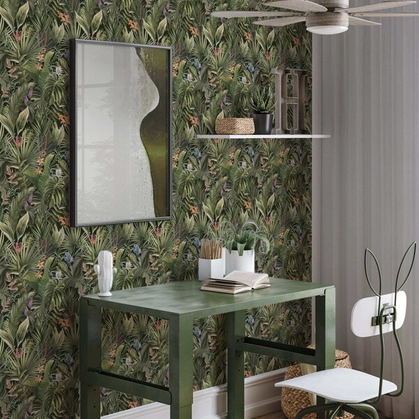 Carta da parati Foglie tropicali con fiori su sfondo scuro, Parati natura classici, Parati natura foglie classici, a01153 : Uwalls.it