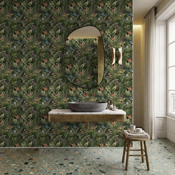 Carta da parati Foglie tropicali con fiori su sfondo scuro, Parati natura classici, Parati natura foglie classici, a01153 : Uwalls.it