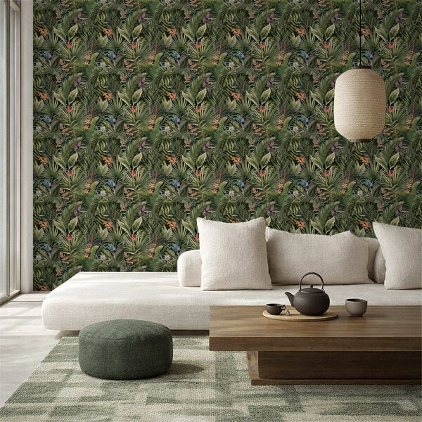 Carta da parati Foglie tropicali con fiori su sfondo scuro, Parati natura classici, Parati natura foglie classici, a01153 : Uwalls.it