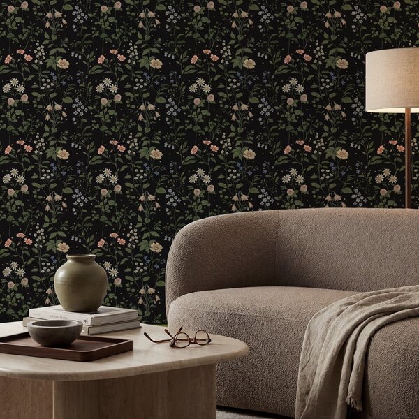 Carta da parati Motivo floreale su sfondo nero con stelle, Parati fiori e piante classici, a01160 : Uwalls.it