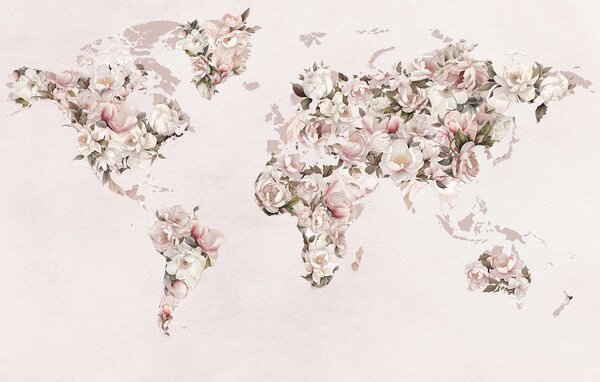 Carta da parati Una mappa del mondo rosa composta da grandi peonie bianche e rosa, Carta da parati Mappa del Mondo, c00005 : Uwalls.it