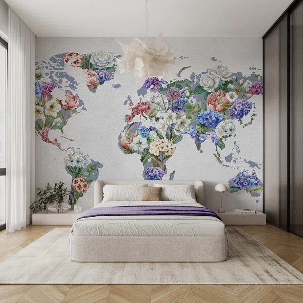 Carta da parati Una mappa del mondo colorata, realizzata con una varietà di fiori dai colori vivaci, Carta da parati Buffer, c00006 : Uwalls.it
