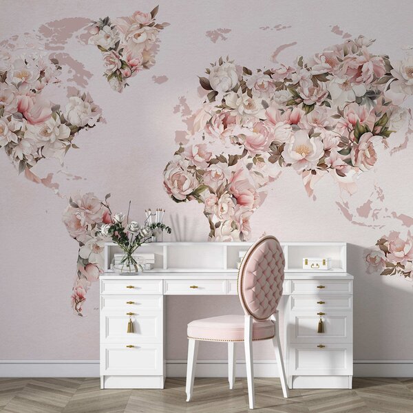 Carta da parati Una mappa del mondo rosa composta da grandi peonie bianche e rosa, Carta da parati Mappa del Mondo, c00005 : Uwalls.it