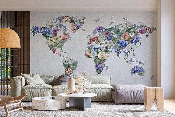Carta da parati Una mappa del mondo colorata, realizzata con una varietà di fiori dai colori vivaci, Carta da parati Buffer, c00006 : Uwalls.it