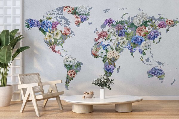 Carta da parati Una mappa del mondo colorata, realizzata con una varietà di fiori dai colori vivaci, Carta da parati Buffer, c00006 : Uwalls.it