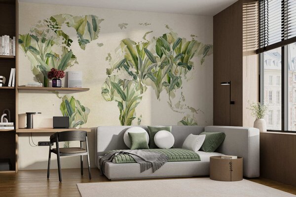 Carta da parati Una mappa del mondo verde realizzata con foglie di banano, Carta da parati Mappa del Mondo, c00007 : Uwalls.it